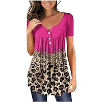 Women Henley Tunic T-Shirts Fashion Leopard Short Sleeve Button V Neck Pullovers Summer Casual Flowy Tee Blouses