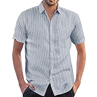 Button Down Short Sleeve Linen Shirts for Men Summer Casual Striped Print Cotton Spread Collar Vacation Beach Shirts