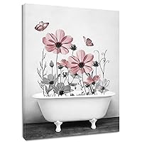 MEUNEAR Pink Floral Canvas Wall Art Pink and Gray Flower and Butterfly in Bathtub on Rustic Wood Wall Art Spring Wildflower Framed Wall Art for Bathroom Bedroom Living Room Decor,16L X 12W inches