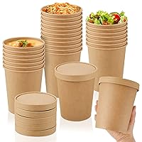 Sabary 50 Pack 32 oz Containers with Lid Paper Food Soup Containers with Lid Friendly Microwavable Kraft Soup Bowl Disposable Soup Food Storage Ice Cream Containers Great for Restaurants (Brown)