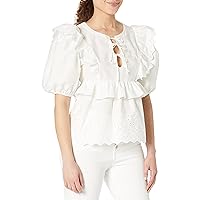 MOON RIVER Women's Tie Front Puff Sleeve Shirred Top