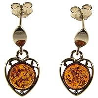 BALTIC AMBER AND STERLING SILVER 925 DESIGNER COGNAC HEART EARRINGS JEWELLERY JEWELRY