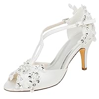 Emily Bridal Women's Silk Like Satin Stiletto Heel Peep Toe Sandals with Sequin Stitching Lace