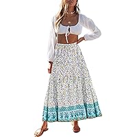 MEROKEETY Women's Boho Floral Print Elastic High Waist Pleated A Line Maxi Skirt