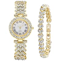 Womens Wrist Watch Crystal Rhinestone Diamond Watches Stainless Steel Watch Fashion Ladies Watch Bracelet Set