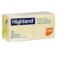 Highland Sticky Notes, 3 x 3 Inches, Yellow, 12 Pack (6549)