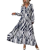 Womens Fall Fashion 2022 Zebra Striped Surplice Neck Belted Dress (Color : Blue and White, Size : Large)