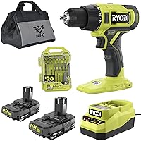 Cordless 1/2 inch Power Drill Driver Bundle with Ryobi Drill, (2) 18-Volt Batteries, Charger, 20 Piece Multipurpose Drill Bit Set and Buho Tool Bag