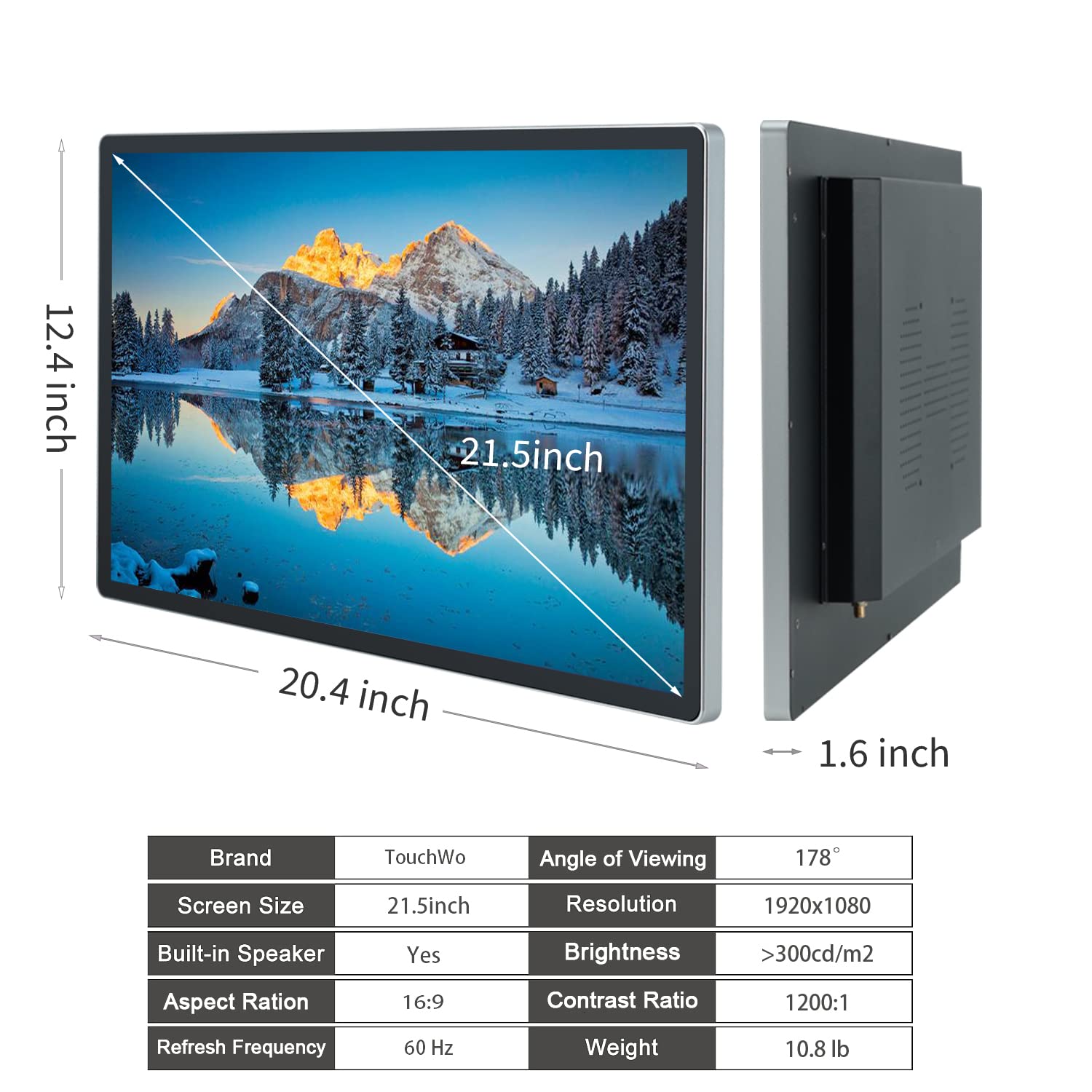 TouchWo 21.5 inch Touch Screen All-in-One Industrial PC, i7, 8GB RAM, 256G ROM, 16:9 FHD 1080P, Windows 10, Smart Board for Classroom, Meeting & Game, USB, VGA & HDMI Monitor