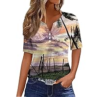 Workout Tops for Women,Short Sleeve Shirts for Women Fashion V Neck Button Boho Tops for Women Going Out Tops for Women
