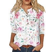 Button Shirts,3/4 Sleeve Shirts for Women Cute Print Graphic Tees Blouses Casual Plus Size Basic Button Tops