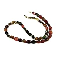 18 inch Long Oval Shape Faceted Cut Natural Multi Tourmaline 7-9 mm Beads Necklace with 925 Sterling Silver Clasp for Women, Girls Unisex