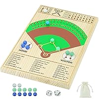 Baseball Dice Board Game Thick Solid Wood Dice and Marble Board Game Fun Color Pattern Double Battle Table Game for Family Party Holiday Gatherings (Log Color)