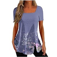 Ladies Floral Print Blouses Sexy Casual Square Neck Tshirt Button Split Hem Tops for Women Loose Fit Casual Tunics