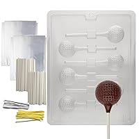 Cybrtrayd Golf Ball Lolly Chocolate Candy Mold with Lollipop Supply Kit, Includes 50 4.5-Inch Lollipop Sticks, 50 Cello Bags and 50 Metallic Twist Ties