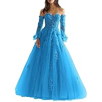 Women's Elegant Strapless Glitter Bishop Sleeves Lace Applique Prom Party Dresses