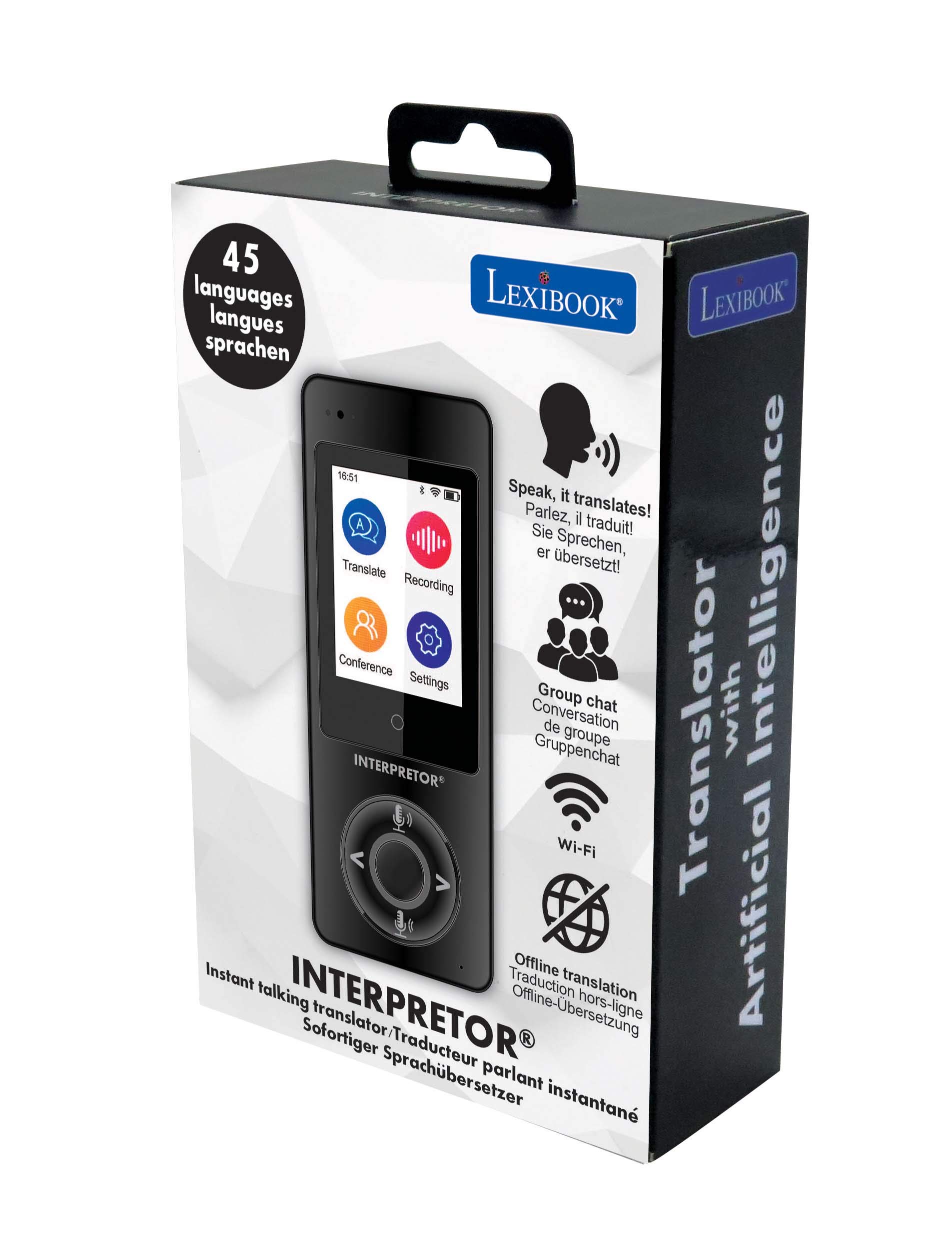LEXiBOOK Interpretor®, Instant Talking Translator, 75 Languages, Accurate translations of Professional Quality, Touch-Screen, Group Chat Function, Headphones Jack, Bluetooth, WiFi, Black, NTL2000