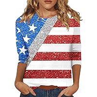 4Th of July Outfits for Women 3/4 Length Sleeve Womens Tops Ladies Patriotic USA Shirts Blouses American Flag Graphic Tees