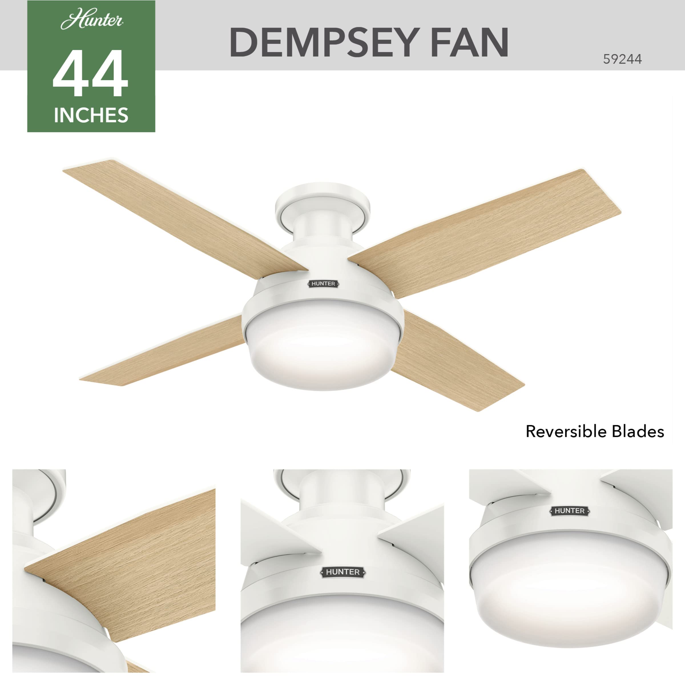 Hunter Fan Dempsey Low Profile Indoor Ceiling Fan with LED Light and Remote Control, Metal, Fresh White, 44 Inch