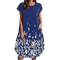 Spring Dresses for Women 2024 Midi Length,Women's Plus Size Irregular Loose Pocket Printed Dress with Round NEC