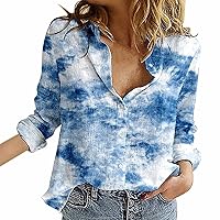 Women's Linen Button Down Shirt 2024 Trendy Casual Long Sleeve Blouse Plus Size Solid Floral Print Dressy Shirt Tops