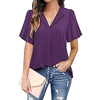 Unixseque Women's Chiffon Short Sleeve Blouses V Neck Casual Tops Office Business Work Shirts