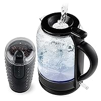 OVENTE 2 in 1 Brew Set with Electric Glass Hot Water Kettle 1.5 Liter with ProntoFill Technology + 2.5 Ounce Electric Grinder for Coffee, Spices, or Herbs, Black