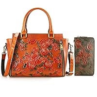 Purses and Handbags for Women Tote Handle Satchel Vintage Embossing Rose and Women’s RFID Blocking Wallet Coffee Bundle