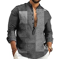 2024 Linen Shirts for Men Henley Long Sleeve Casual Banded Collar Button Vintage Beach Hawaiian T Shirt