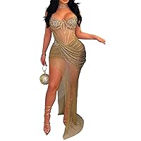 Womens Sexy Wrapped Chest Sleeveless Solid Color Rhinestone Mesh Irregular Package Hip Dress Evening Dress