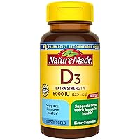 Extra Strength Vitamin D3 5000 IU (125 mcg), Dietary Supplement for Bone, Teeth, Muscle and Immune Health Support, 180 Softgels, 180 Day Supply