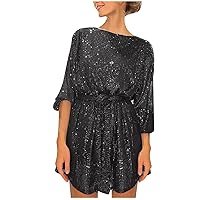 Women's Casual Dresses Fashion Loose Long Sleeve Straight Sequin Glitter Dress Party Sequin Beaded Dress