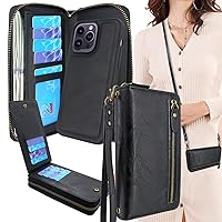 Compatible with iPhone 14 PRO MAX 6.7 inch 2022 Case Crossbody Dual Zipper Detachable Magnetic Leather Wallet Phone case Cover (Black)