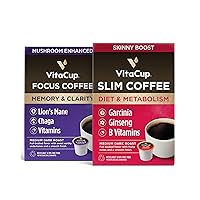 VitaCup Focus Mushroom Coffee Pods, Boost Focus & Immunity w/Lions Mane, Chaga, B Vitamins, D3 16CT | Slim Coffee Pods, Boost Diet & Metabolism with Ginseng, Garcinia, B Vitamins, Skinny Coffee 16ct