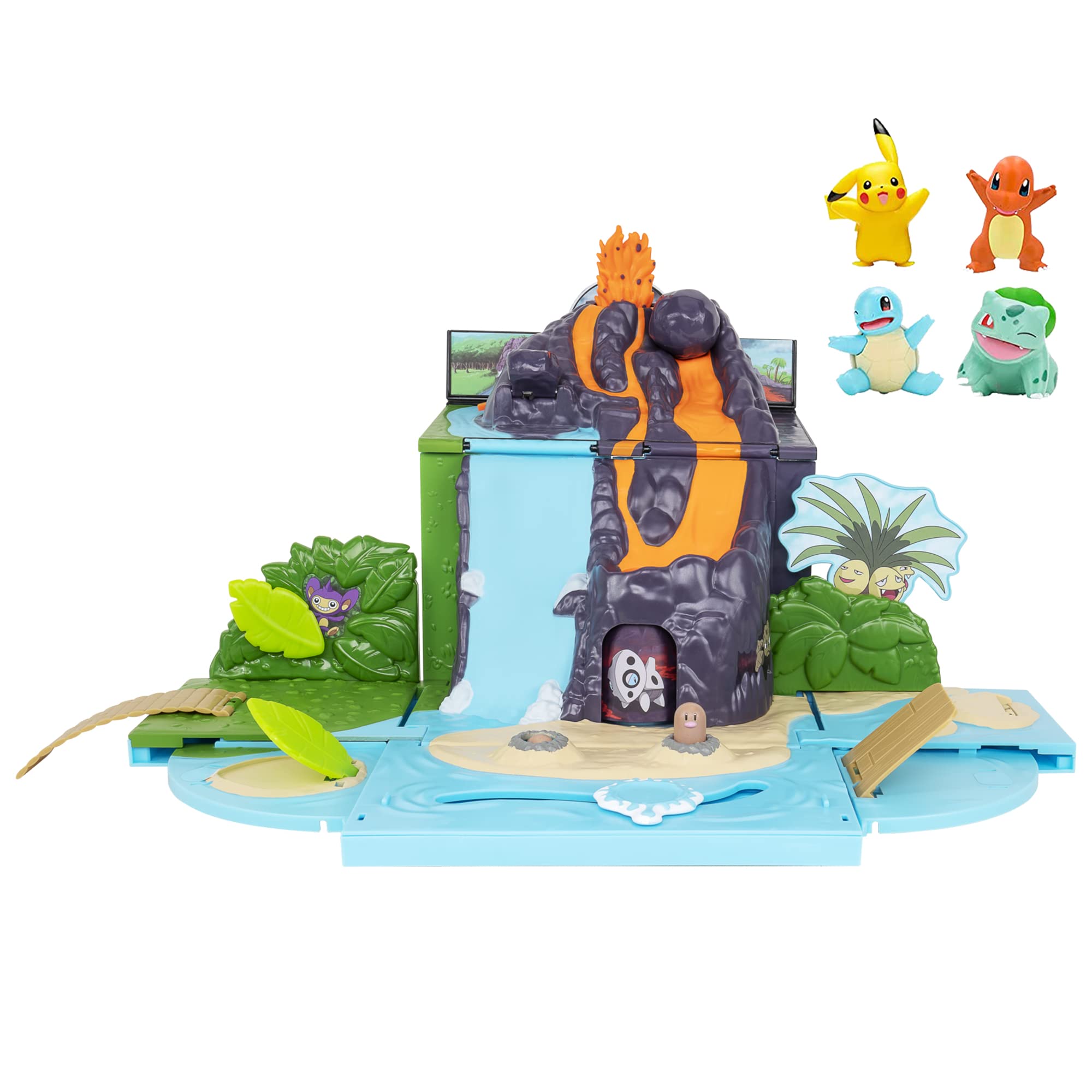Pokemon Carry ‘N’ Go Volcano Playset with 4 Included 2-inch, Pikachu, Charmander, Bulbasaur, and Squirtle - Bring Everywhere - Playsets for Kids and Pokémon Fans - Amazon Exclusive