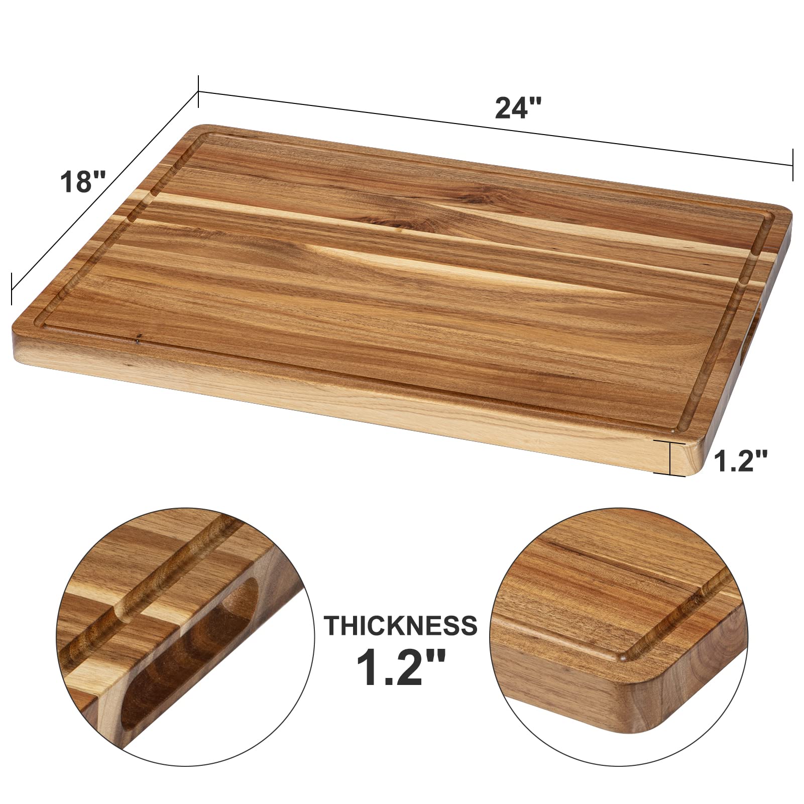 Glowsol Large Acacia Wood Cutting Board, 24 x 18 Inch Extra Large Wood Cutting Board For Kitchen With Side Handles And Juice Slot, Reversible Butcher Block Cutting Board For Meat And Veggies