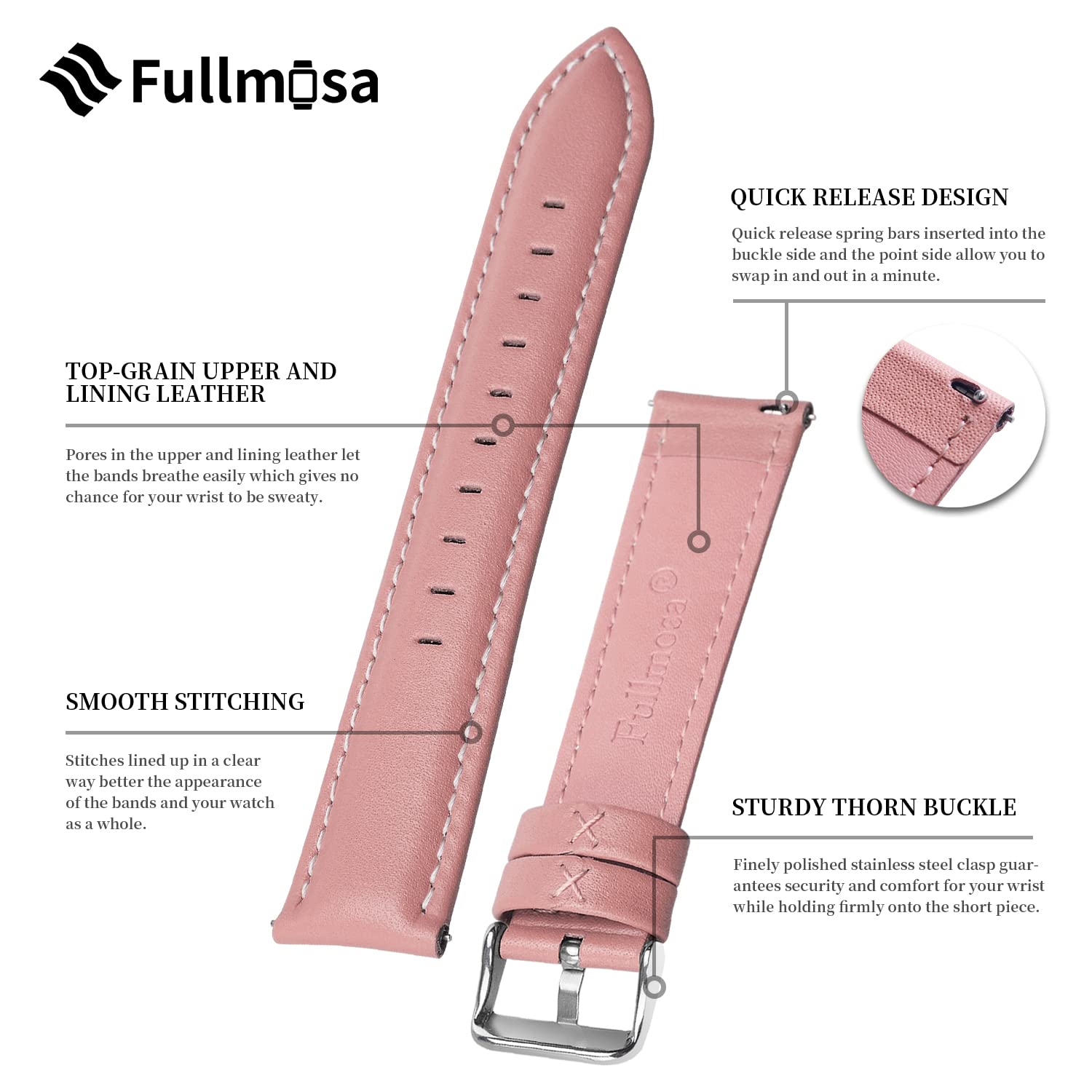 Fullmosa Watch Straps 20mm, Axus Series Leather Strap Replacement Watch Strap with Stainless Steel Metal Clasp for Men Women 14/16/18/20/22/24mm, Pink 20mm