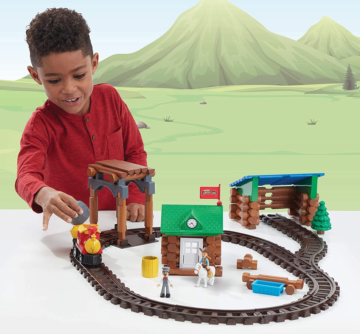LINCOLN LOGS-Sawmill Express Train - 101 Parts - Real Wood Logs - Buildable Train Track-Ages 3+ - Best Retro Building Gift Set for Boys/Girls-Creative Construction Engineering-Preschool Education Toy