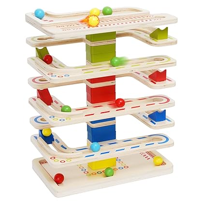 Wooden Marbles Run Ball Drop Toys 8-Tier Rolling Tower Toys with 16 Balls Ramp Whirling Game Educational Learning Toys for Gifts 3 4 5 6 7 8 Years Toddler Boys Girls