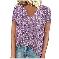Short Sleeve Shirts Womens Fashion Casual Print Vintage V Neck T Shirt Plus Size Tunic Tops Loose Fit Dressy Blouse