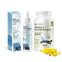 Omega 3 Fish Oil + Ear Cleaner for Dogs & Cats, Supports Skin, Coat, Joints, Immune System. Stops Itching, Odor, Debris & Wax, Irritation & Inflammation