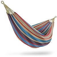 Brazilian Double Hammock - Extra-Long Two Person Portable Hammock Bed for Indoor or Outdoor Spaces - Hanging Rope, Carrying Pouch Included (Blue/Sand/Purple/Red Stripes)