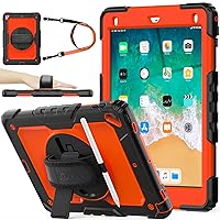 SEYMAC stock iPad 6th/5th Generation Case 9.7’’ with Screen Protector Pencil Holder [360 Rotating Hand Strap] &Stand, Drop-Proof Case for iPad 6th/5th/ Air 2/ Pro 9.7 (Orange+Black)