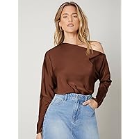 Women's Tops Sexy Tops for Women Shirts Asymmetrical Neck Regular FIT TOP (Color : Chocolate Brown, Size : Small)