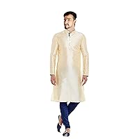 Indian Men's Silk Kurta Cream Color Casual Shirt Wedding Wear Loose Fit Tunic Plus Size