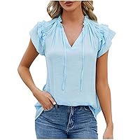 Women's Summer Tops Trendy Elegant Drawstring Ruffle Short Sleeve Pleated Blouses Dressy Casual T Shirts V Neck Tees