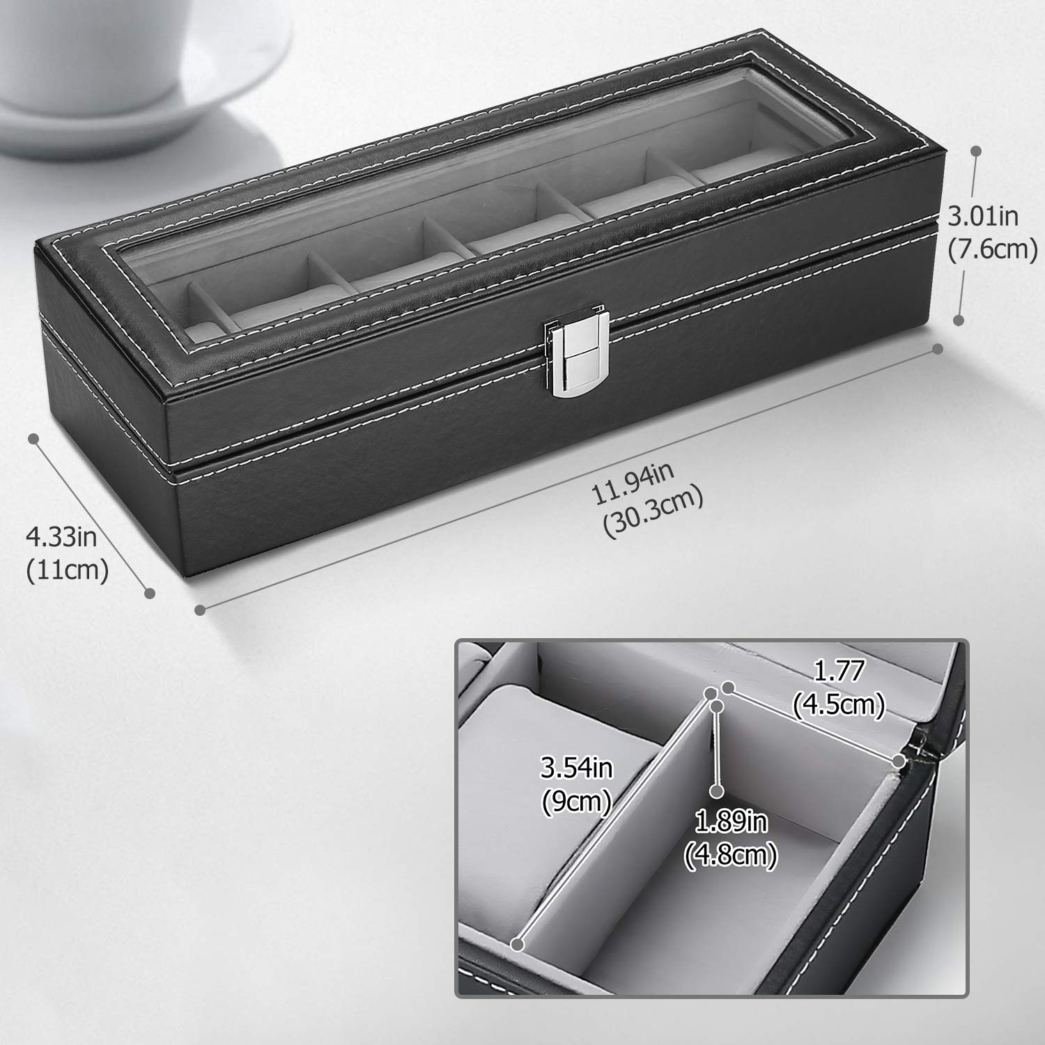 ProCase Father's Day Gift 6 Slots Watch Box for Men, Mens Watch Organizer PU Leather Watches Display Case Storage Boxes with Crystal Glass Lid -Black