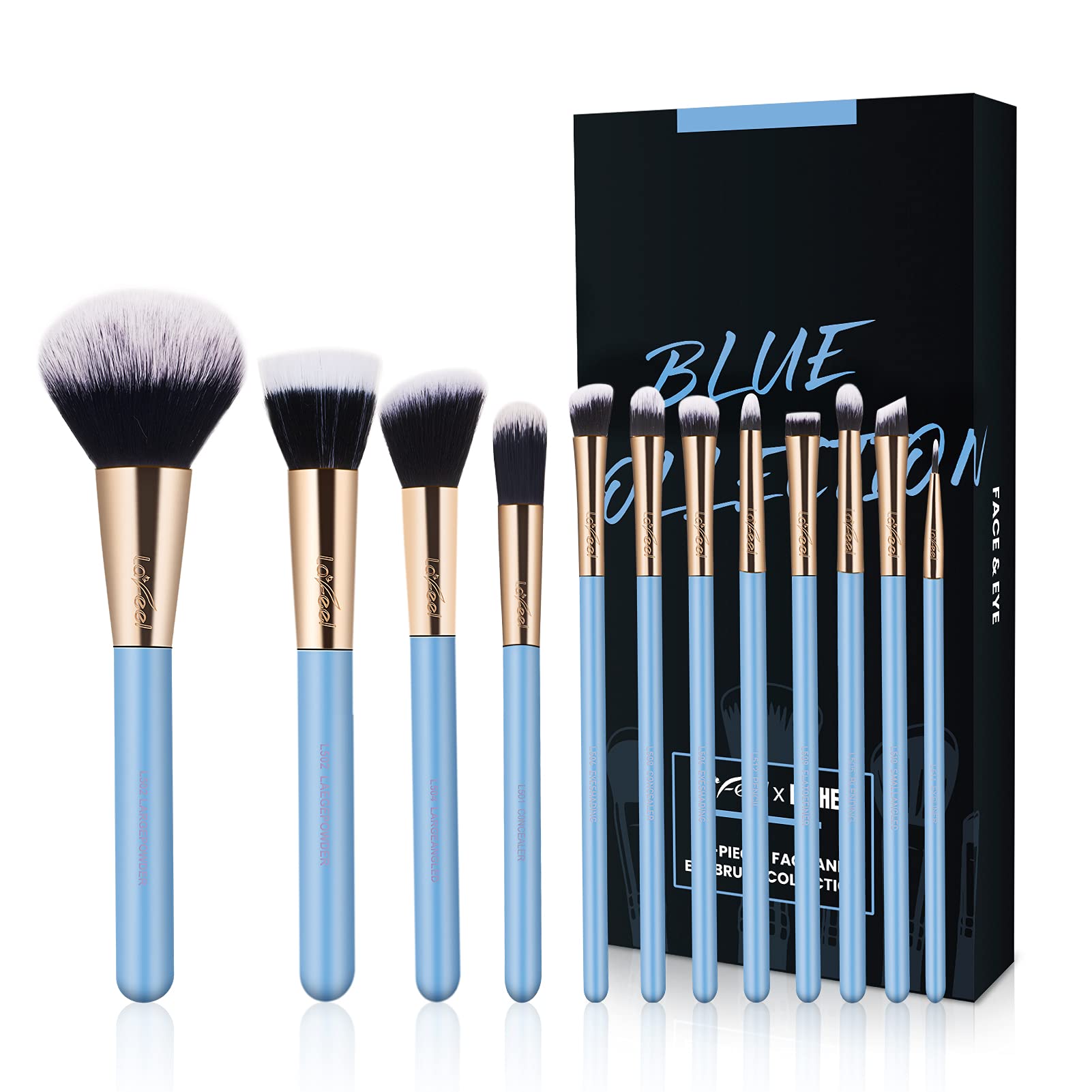 Enther & LaFeel Makeup Brush Set, Premium Cosmetic Wood Handle Brushes 12pcs for Foundation Blending Blush Concealer Eye Shadow, Cruely-Free Synthetic Fiber Bristles, Blue Collection