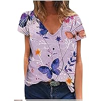 V Neck T Shirts for Women 2024 Casual Loose Short Sleeve Blouse Cute Butterfly Graphic Tee Vintage Summer Fashion Y2K Clothes