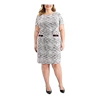 Connected Apparel Womens Ivory Heather Short Sleeve Jewel Neck Above The Knee Shift Dress Plus 18W